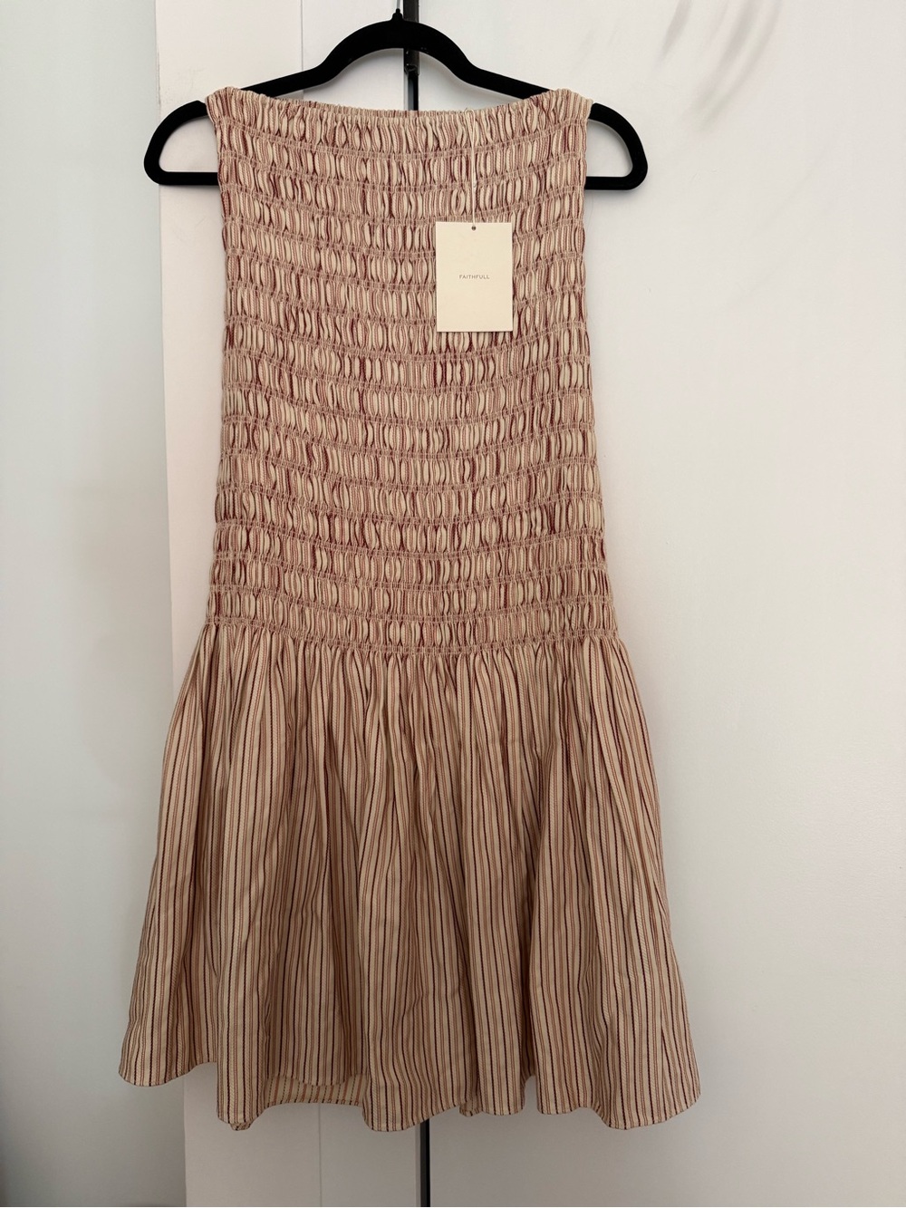 Faithfull the Brand Garnet and Blush Pinstripe Smocked Mini Dress